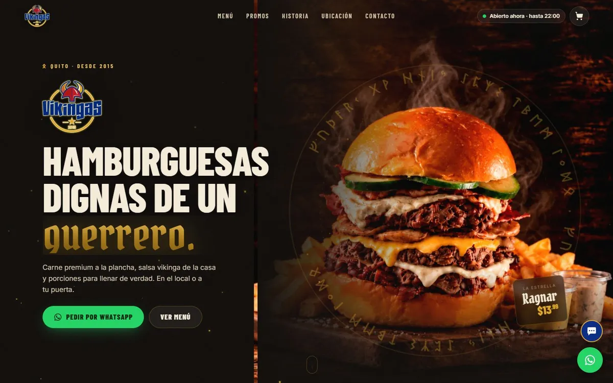 Web de Vikingas en computadora: portada con hamburguesa Ragnar